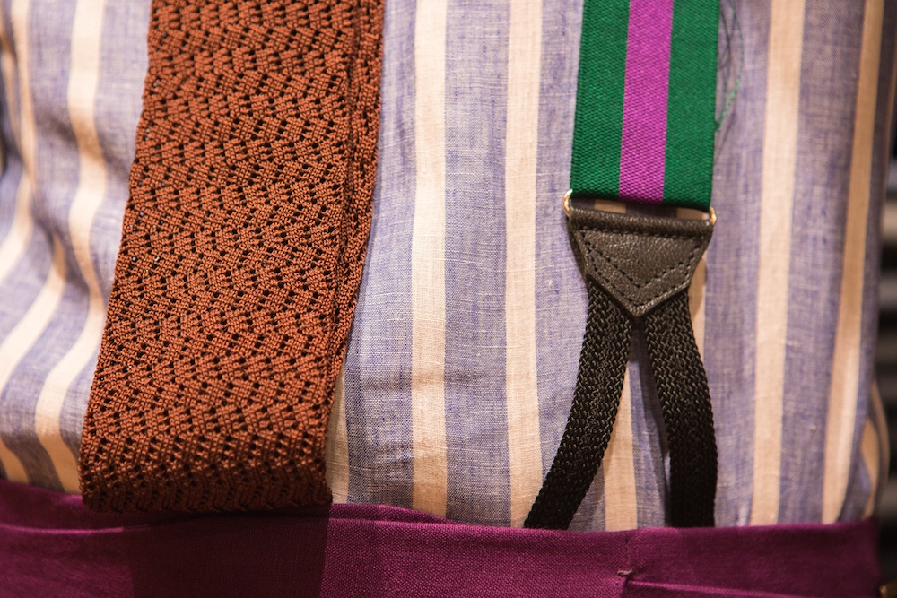 Luca's striped braces bring together his jacket and trousers. His knitted silk tie features a special weave for Rubinacci and again, Luca's ethos suggests that elegance has to come naturally: 'I tie my tie as I feel in the morning - if you feel it, wear it!'