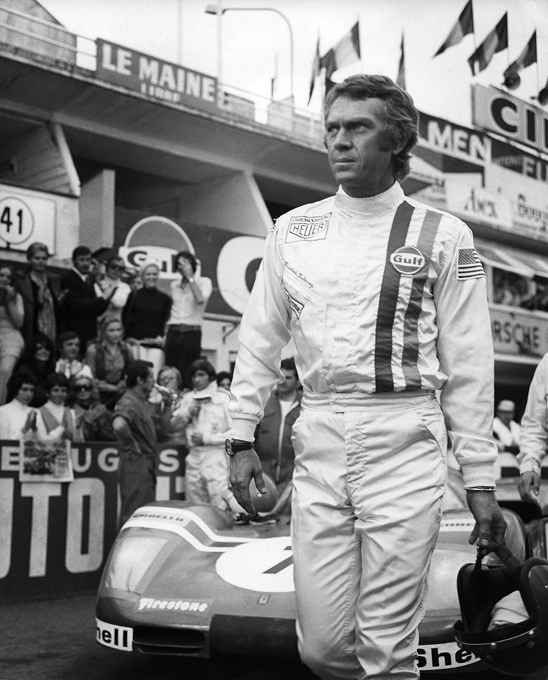 McQueen in his racing gear during filming of Le Mans, 1971.