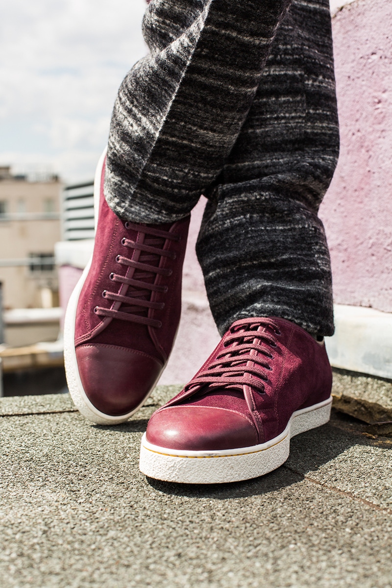 Levah burgundy suede and leather sneakers with white sole, John Lobb; charcoal melange horizontal stripe wool double-breasted suit.