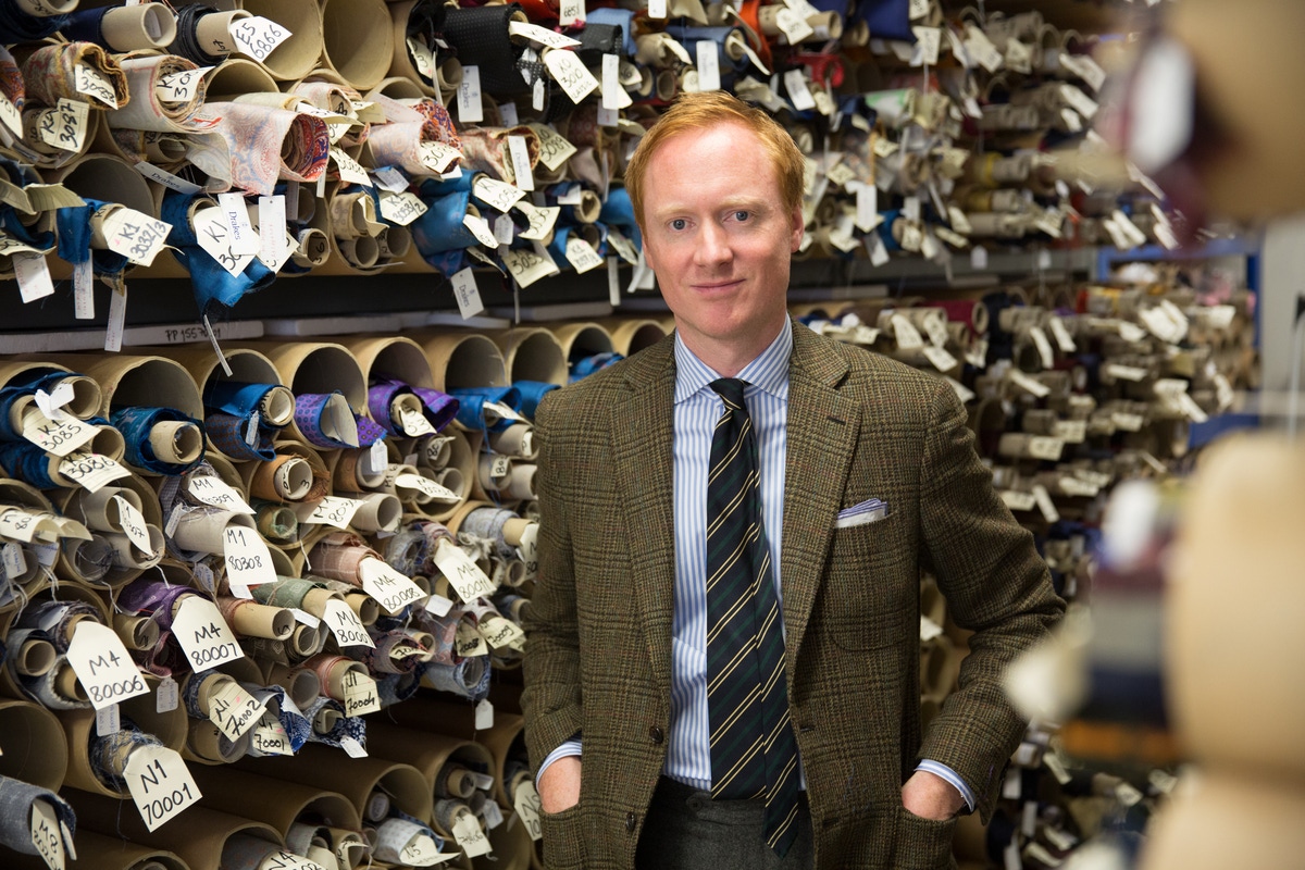 Michael Hill, MD of Drake's London, backed by his extraordinary silk archive.