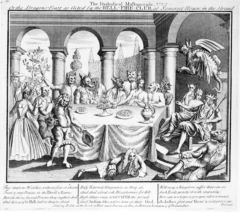 Satire of the Duke of Wharton's Hellfire gentlemen's club; guests dressed as animals and demons; two guests are dressed as Pluto and Proserpine;