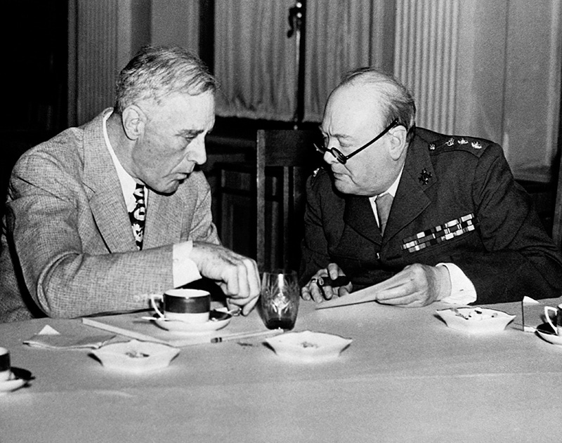 US President Franklin D. Roosevelt and Britain's Prime Minister Winston Churchill oil the wheels of diplomatic discourse at the Yalta Conference, 1945.