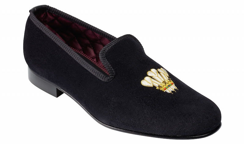 Crockett & Jones velvet slippers with Prince of Wales embroidery.