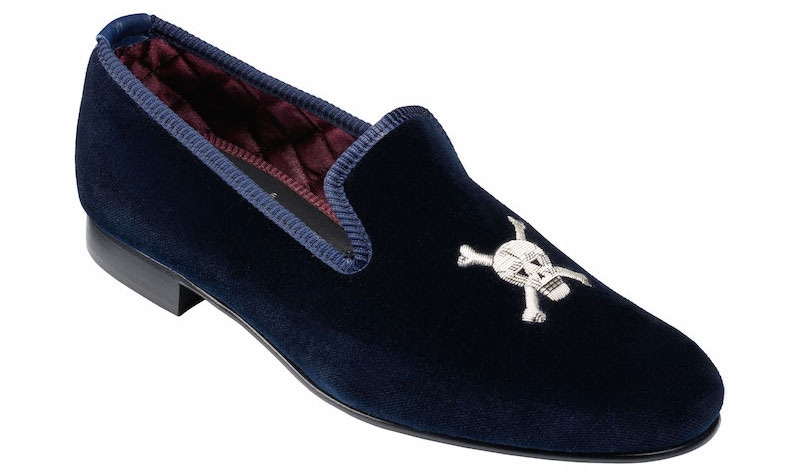 Crockett & Jones velvet slippers with Skull and Crossbones embroidery.