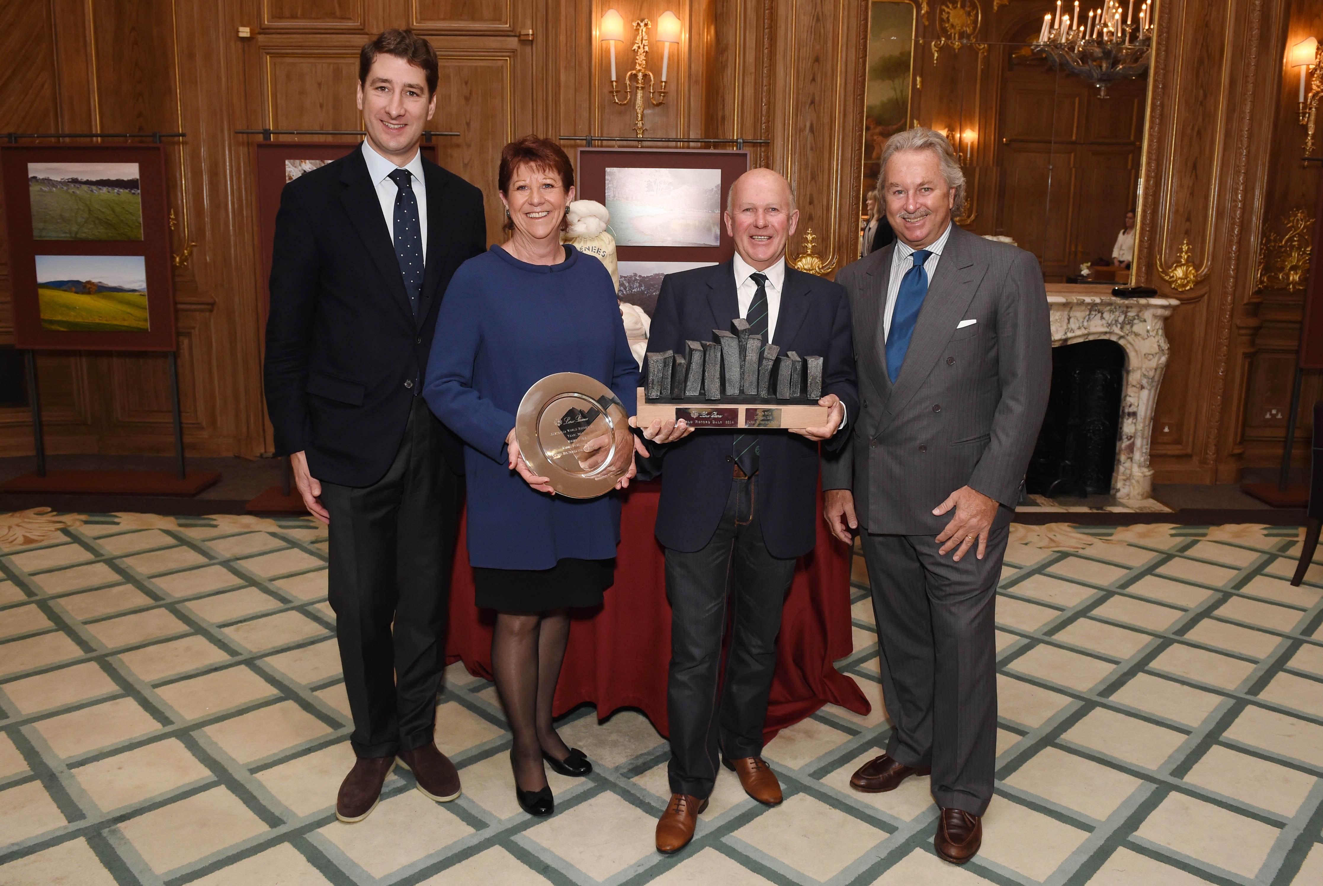 The awards ceremony for this year's Record Bale competition. From left to right, Mr Brisset, CEO of Loro Piana, winners Mrs Pamela & Mr. Robert Sandlant - the Australian farm Pyrenees Park (Victoria) and Mr Pier Luigi Loro Piana, Deputy Chairman of Loro Piana