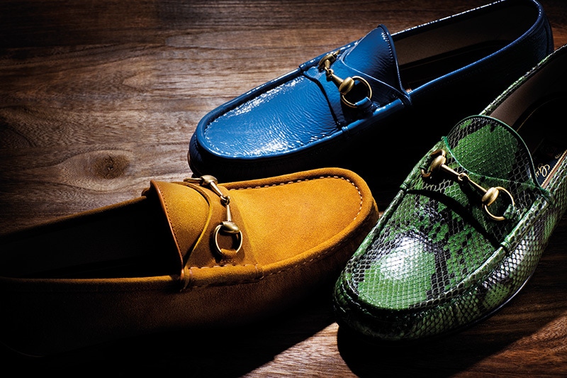 1953 horsebit loafers in blue patent leather, green python and yellow suede, all Gucci.