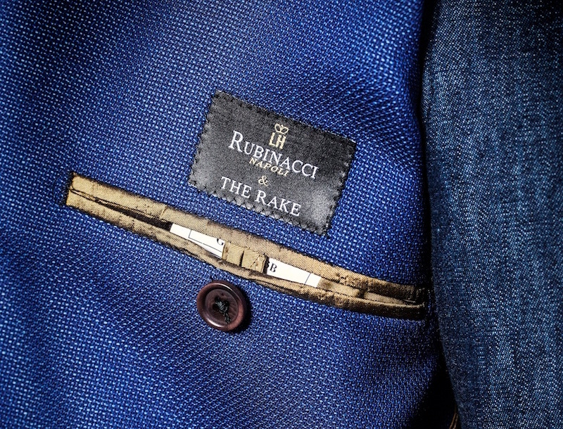 The jacket's exclusive 'Rubinacci & The Rake' label.