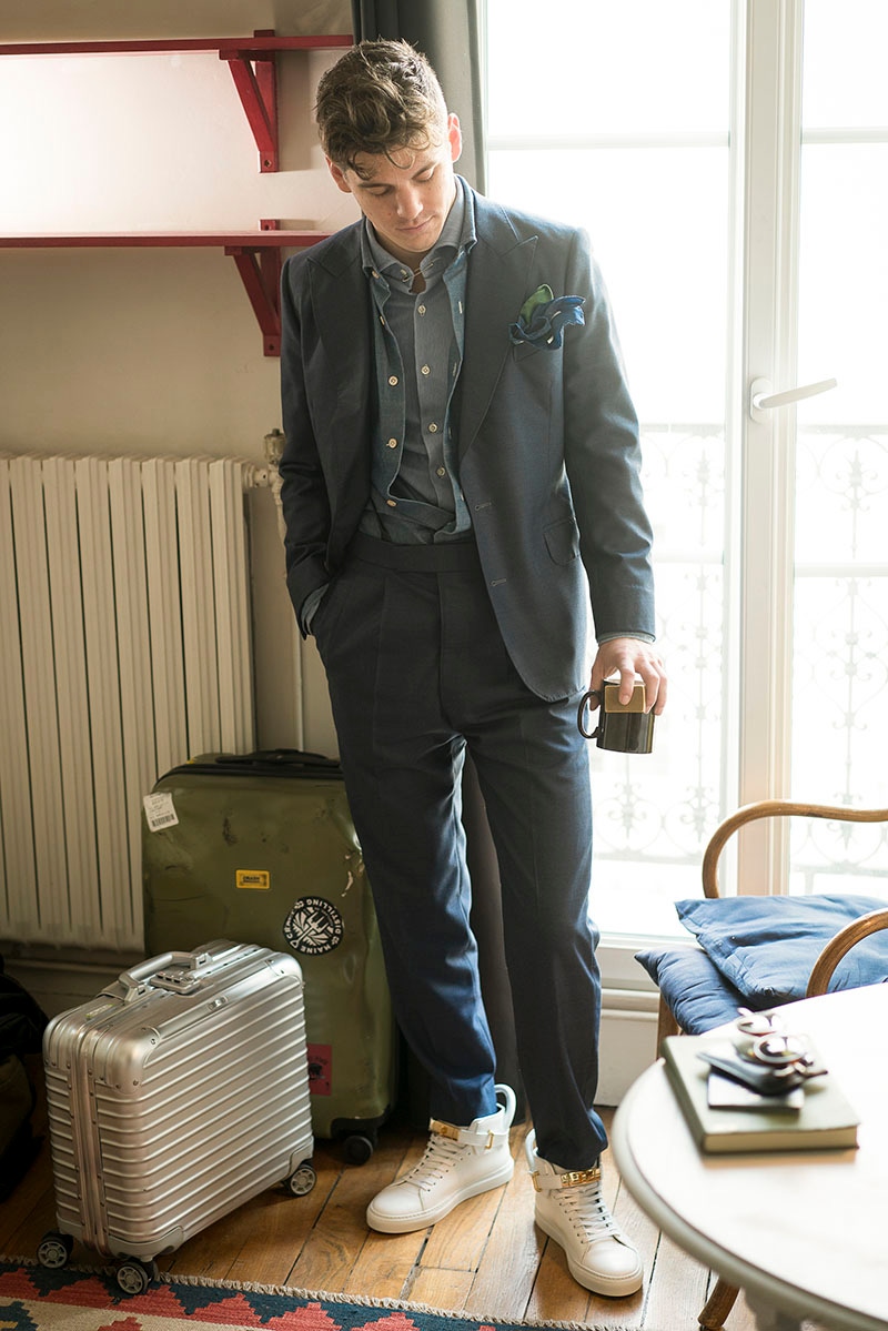 'I made the suit for myself during my time studying bespoke tailoring at Maurice Sedwell on Savile Row. The fabric is Vitale Barberis Cononico. I wanted something a little more aggressive so its a peak lapel with a heavily raked breast pocket, with the double pleated pants having a higher rise than normal hitting well above the waist'