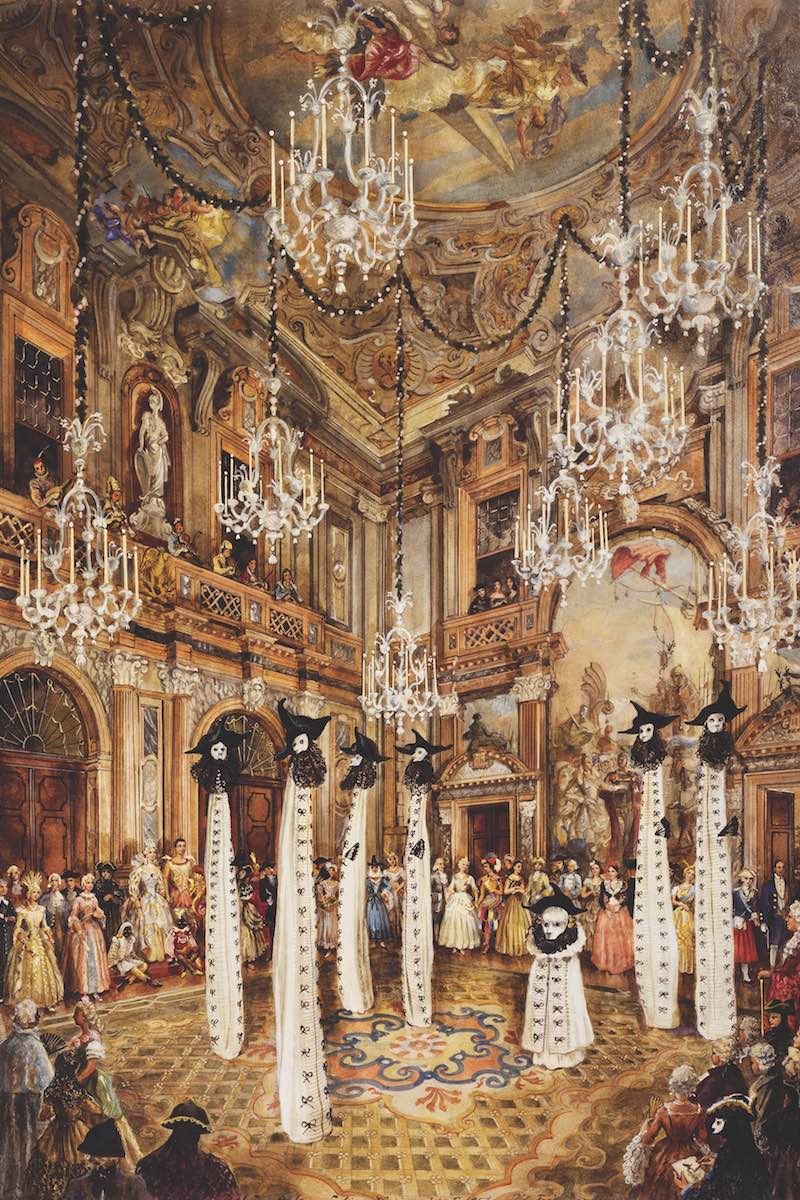 Entrance of the ghosts of Venice, during a fancy dress party, in 1951 by Charles de Beistegui in Palazzo Labia, watercolour by Alexandre Serebriakoff (1907-1994). 20th century. (Photo by DeAgostini/Getty Images)