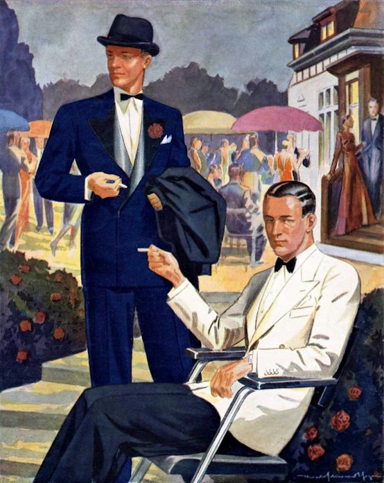 Reflecting classic riviera style, this late 1930s illustration demonstrates the timeless appeal of French blue and cream dinner jackets.