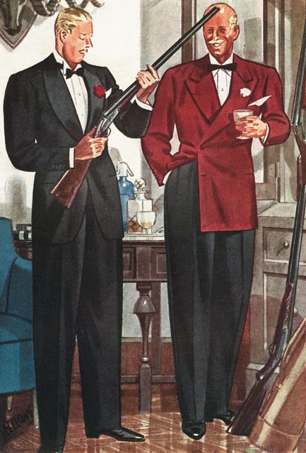 A mid-1950s illustration demonstrating the appeal of a dark red flannel evening coat for hunt dinners.