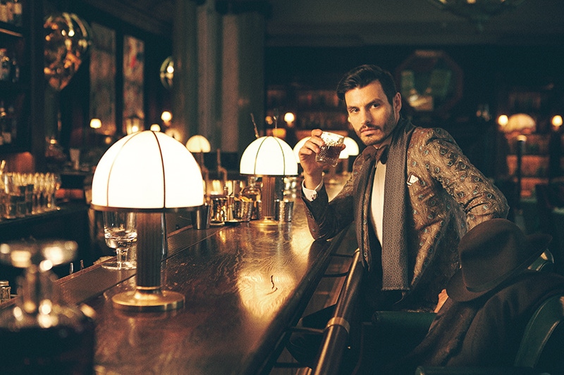 Rakish dinner dress at it's most contemporary, a Gieves & Hawkes silk jacquard dinner jacket, cream voile shirt and brown tweed bow tie, as seen in our 'Never Thine' fashion spread, Issue 35.