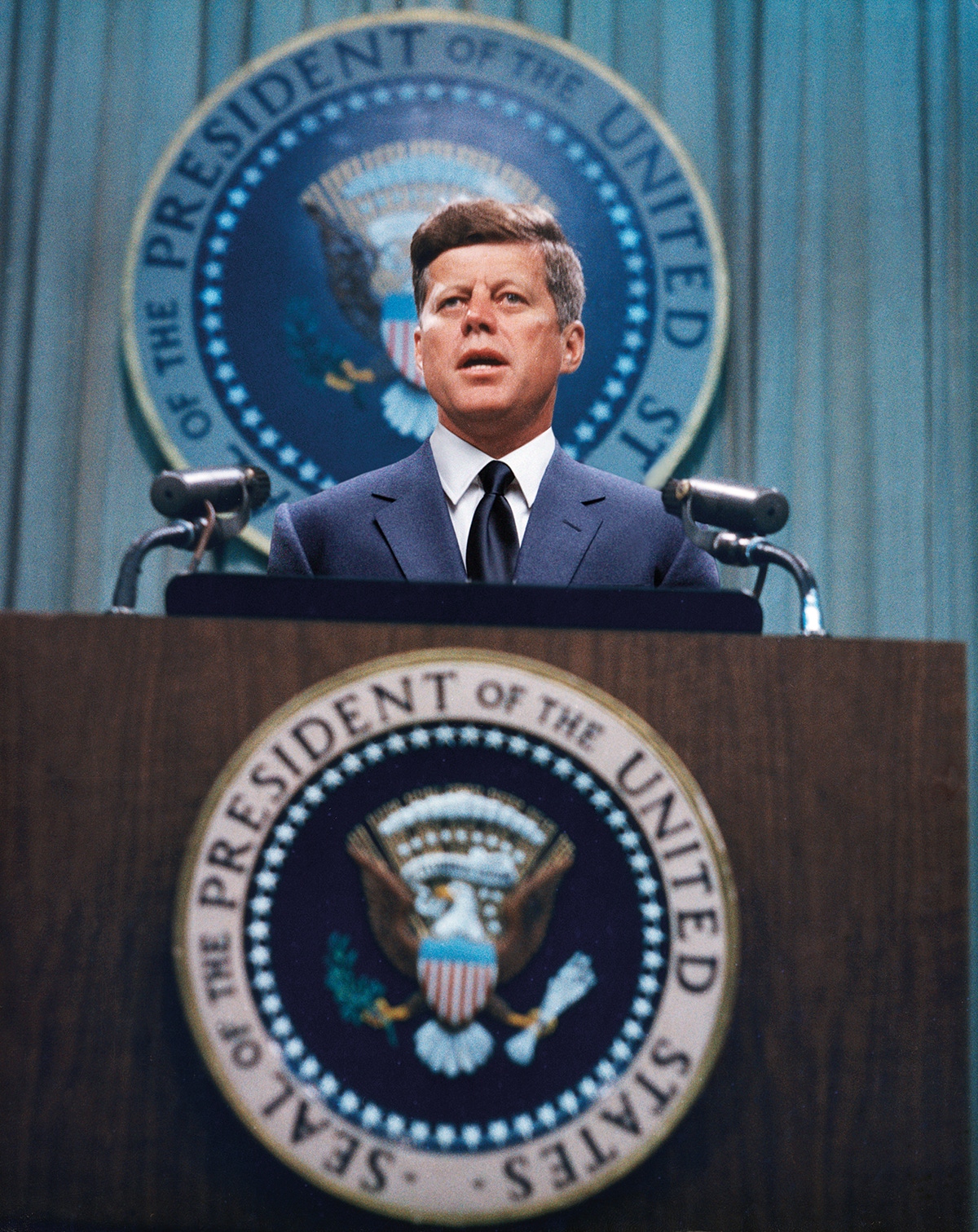 US President John F. Kennedy (1917 - 1963) addresses a press conference, circa 1963.