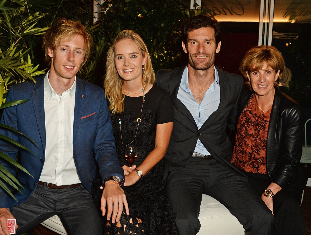 (L to R) Brendon Hartley, Sarah Wilson, Mark Webber and Ann Neal attend the Chopard x Annabel's Cannes party on May 14, 2016 in Cannes, France.