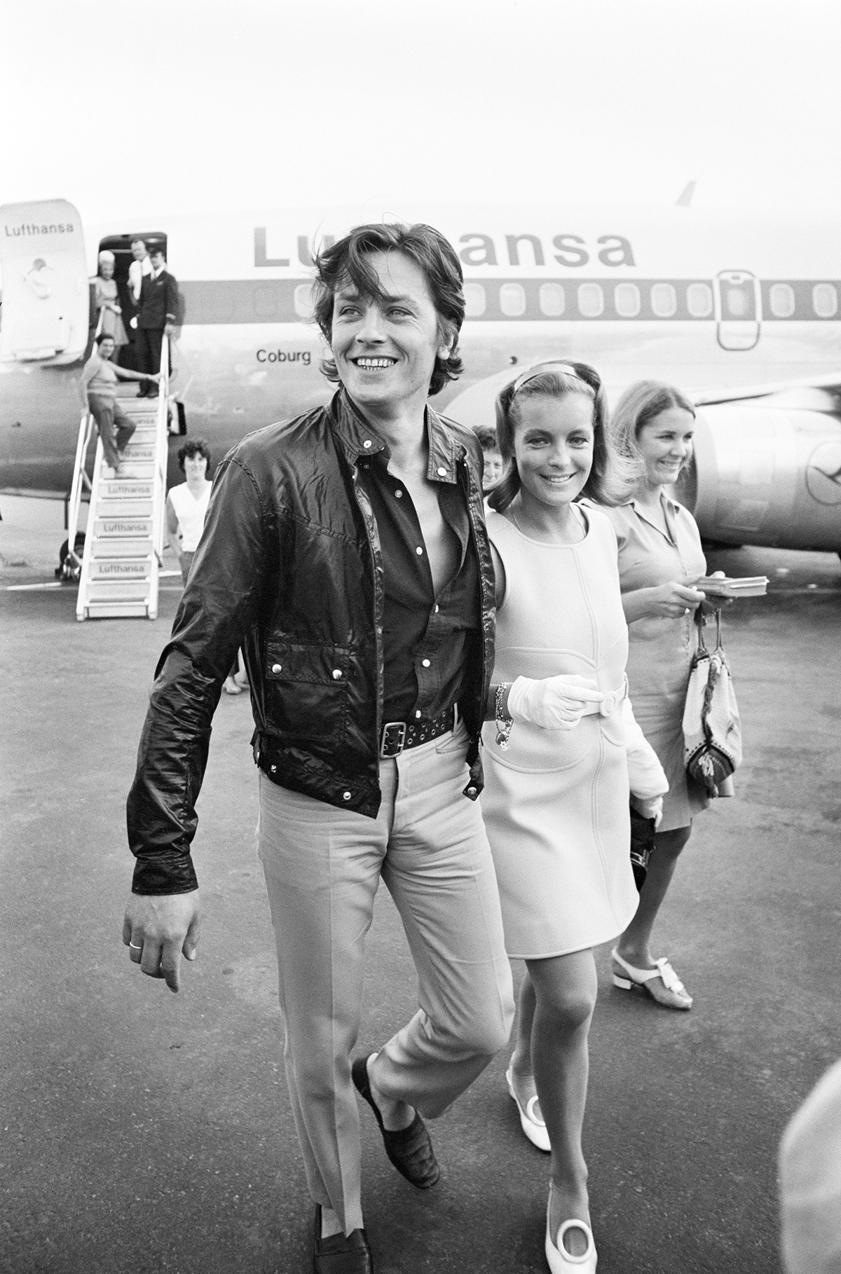 With Romy Schneider at Nice airport before travelling to the set of the the movie 'The Swimming Pool', 1968