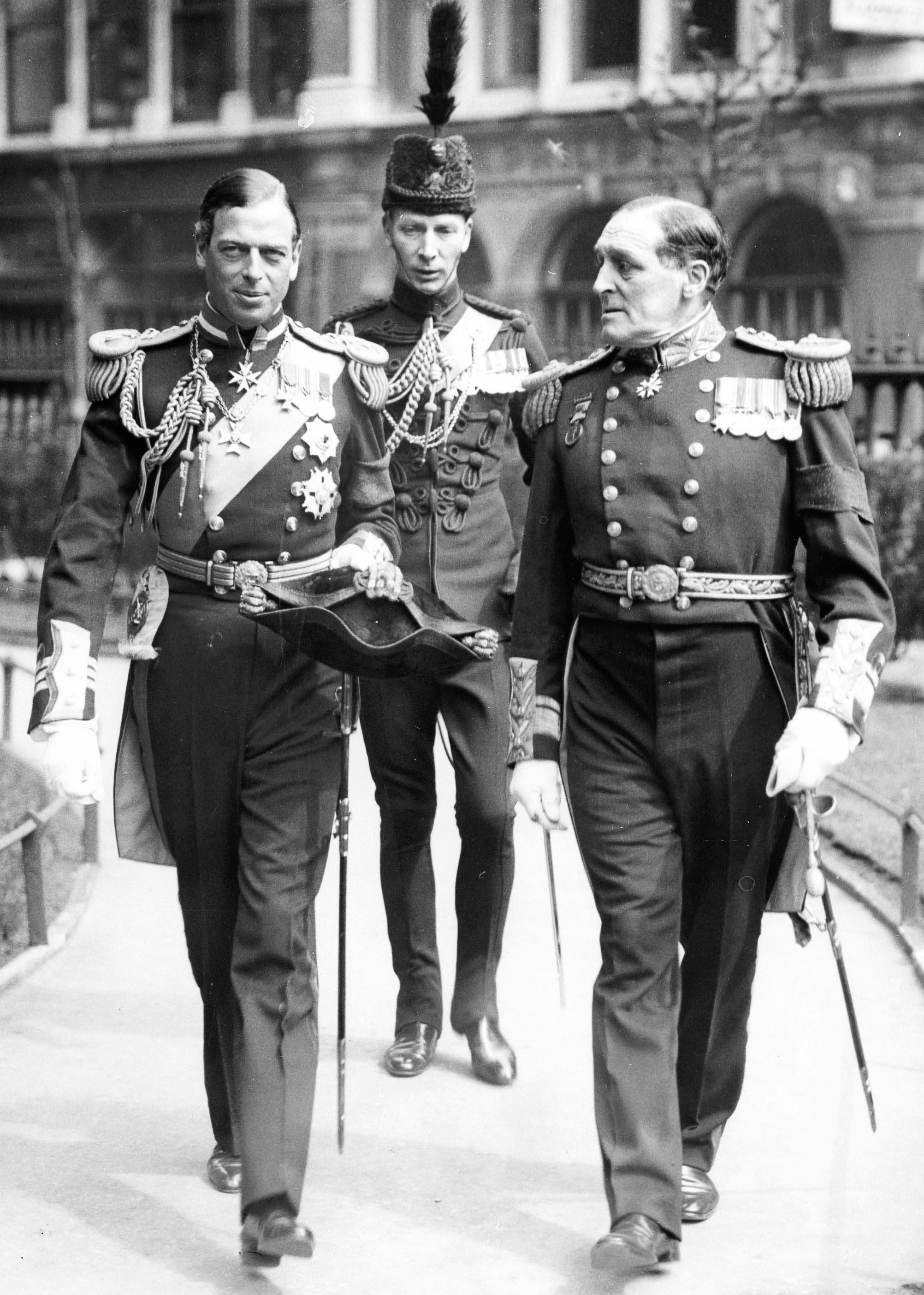 23rd April 1936, England, The Duke of Kent (left) with Admiral Bromley, pictured leaving a St,Paul's Cathedral, London memorial service