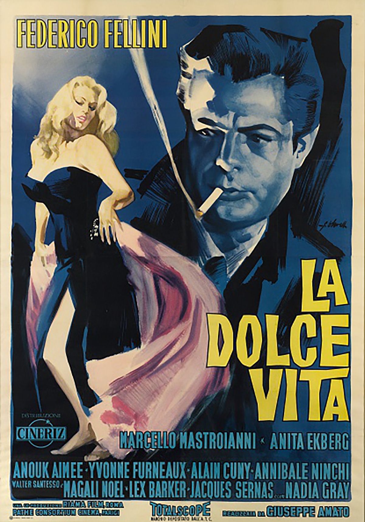 An Italian poster for the 1960 Italian comedy-drama film 'La Dolce Vita', written and directed by Federico Fellini and starring Marcello Mastroianni and Anita Ekberg. The original artwork is by Giorgio Olivetti.