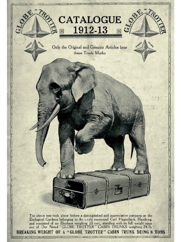 A one ton elephant puts its full weight on a Globe-Trotter cabin case during a strength test.