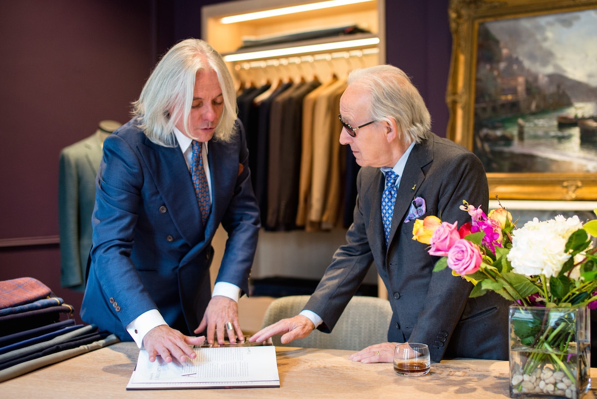 French menswear writer Hugo Jacomet with Leatherfoot's in-house master tailor, Francesco Pecoraro.