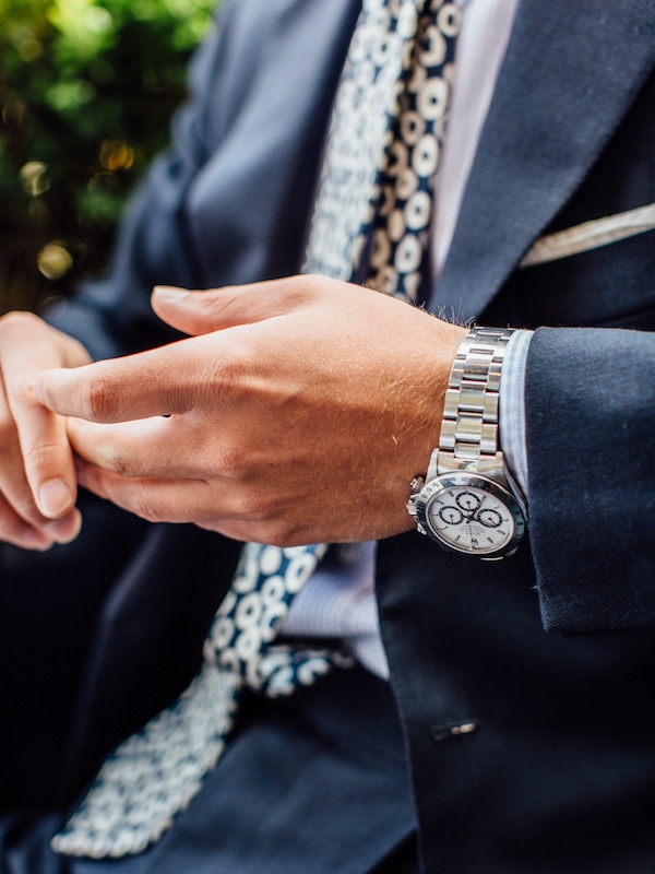 James is the proud owner of an old-school Rolex Daytona. “I was very, very fortunate to be given this,” he explains. “My dad always wanted one and searched high and low. It’s a Rolex Daytona in stainless steel but it’s got a Zenith movement so it’s super-rare. He found one after years of searching, and handed it down to me on my 21st Birthday. When the recession happened a few years ago, everyone was skint, we were just trying to establish our business and he told me to sell it. I told him that it’s the last thing I’d ever do.