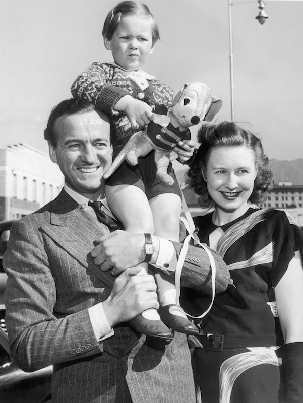 David Niven, his wife Pimulla and one of their sons David Jr., on a visit to Hollywood, 1946. Photo by Keystone-France/Gamma-Keystone via Getty Images.