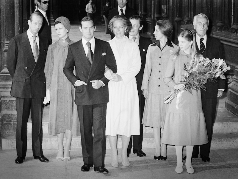 The royal wedding of Prince Michael of Kent and Baroness Christine von Reibnitz at the Town Hall in Vienna, 3rd July 1978. Guests, from left to right, The Duke of Kent, Princess Alexandra, her husband Angus Ogilvy (behind the bride and groom), Princess Anne; Lady Helen Windsor the daughter of the Duke and Duchess of Kent and Lord Mountbatten of Burma. Photo by Ian Tyas/Keystone/Getty Images.