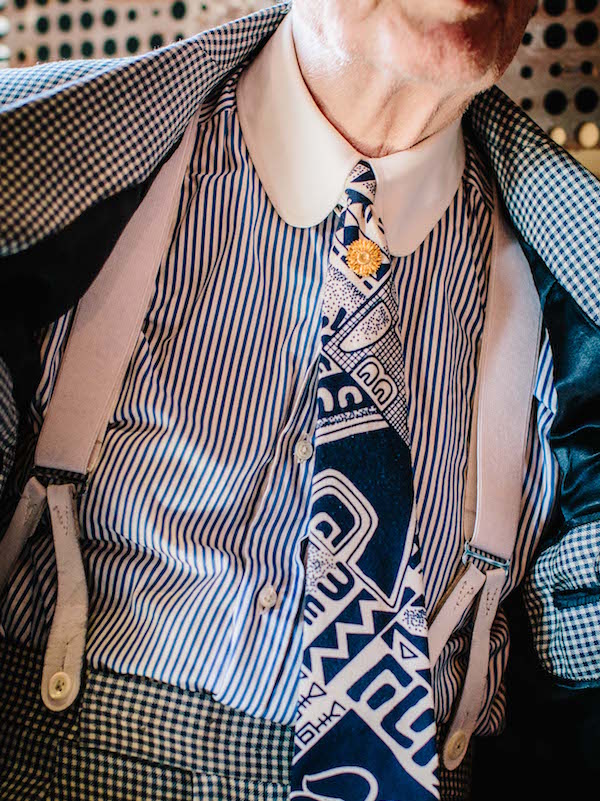 “This is my signature style – the tab collar. It’s also by Mark Powell, and people always compliment me on my ‘vintage’ shirt. I tell them it’s not vintage, it’s modern – it’s 2016. I’m not vintage – people who wear vintage wear a costume, but I wear this all the time. That’s the difference between original and unoriginal.” Mr Skeggs acknowledges that we all imitate, copy and “plagiarise” stylistically, but stresses the importance of “stepping away from the crowd”. “I always wear braces because I like a high-waisted trouser.” Also from Mark Powell, George isn’t afraid to stick to what he knows and likes.