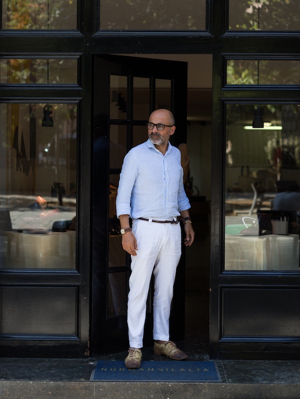 “The work of a shoemaker is very physical”, says Norman, “I tend to dress down day-to-day; a shirt and trousers underneath my apron. This shirt is bespoke, as are the trousers. I love the irregularity and drape of good linen.”