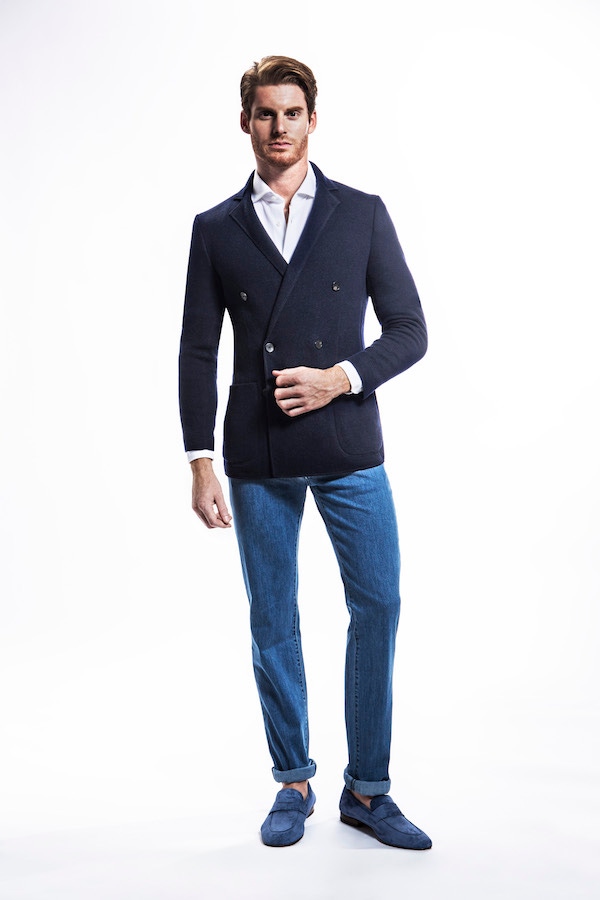 Navy Double Breasted Cashmere Jacket, White Classic Spread Collar Cotton Shirt, Light Blue Jeans and Blue Suede Penny Loafers; all Cifonelli for TheRake.com.