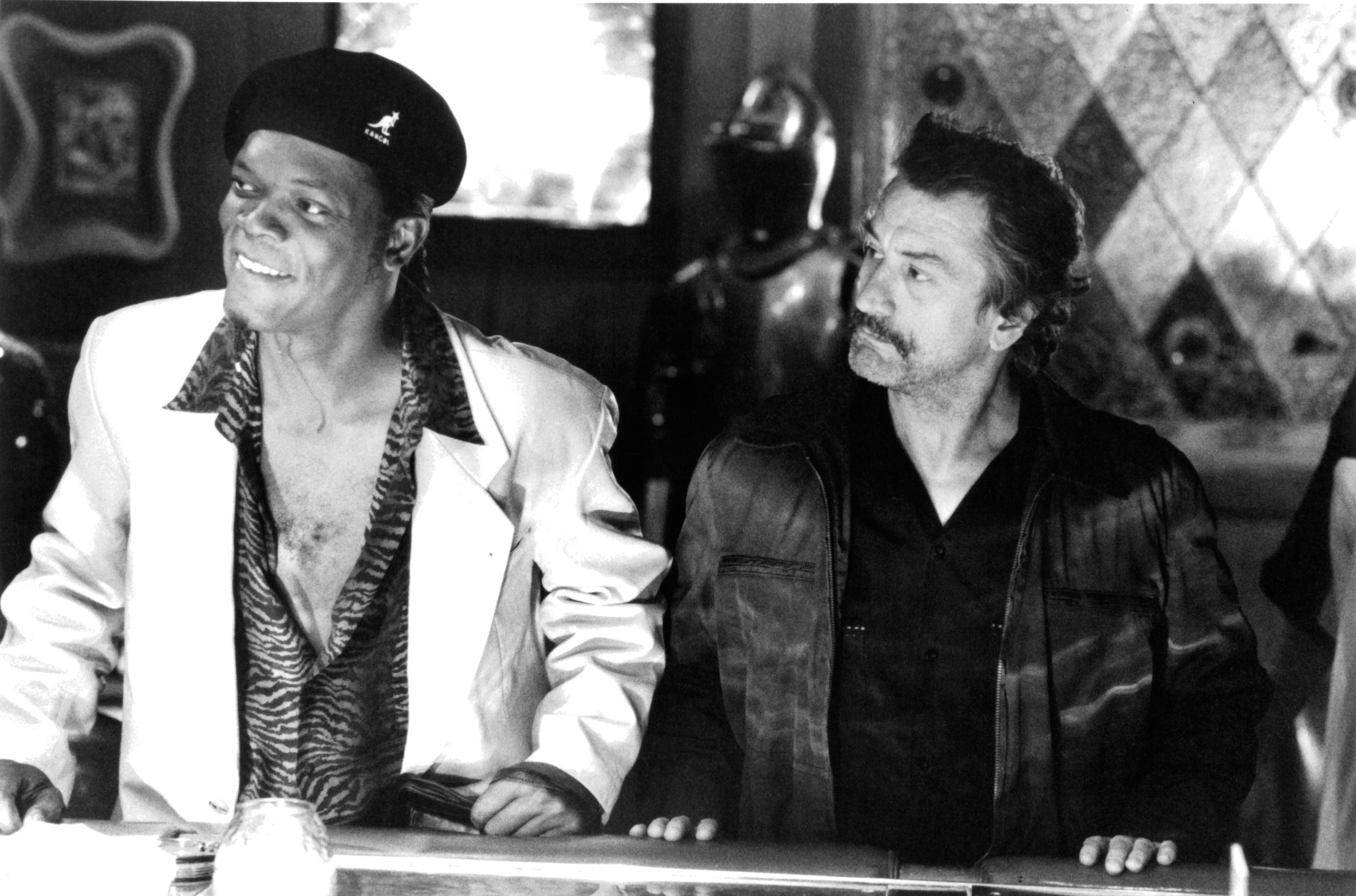 Actor Samuel L. Jackson and actor Robert De Niro in a scene from the Miramax movie 