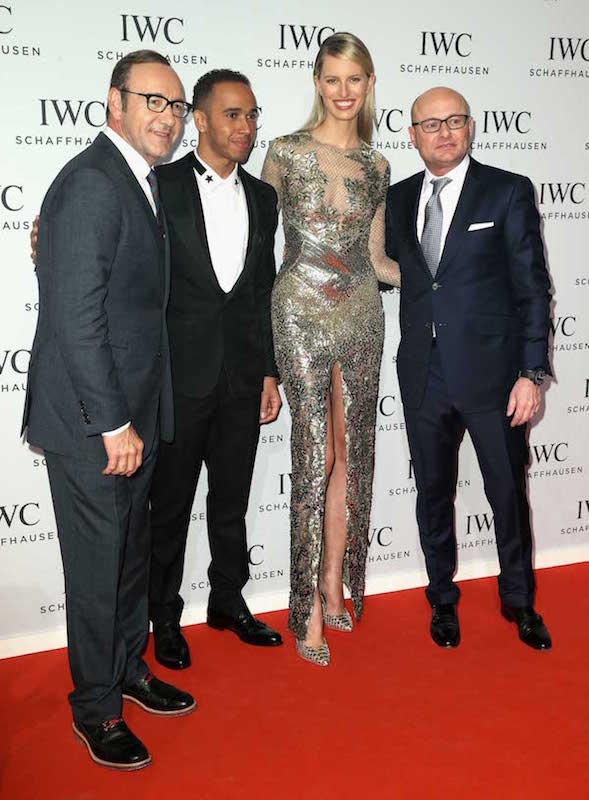 Geneva, Switzerland - January 21: Kevin Spacey, Lewis Hamilton, Karolina Kurkova and Georges Kern, CEO of IWC Schaffhausen attend the iWC Inside The Wave Gala during the Salon International de la Haute Horlogerie (SIHH) 2014 at the Palexpo on January 21, 2014 in Geneva, Switzerland. Photo by Photopress/IWC Schaffhausen/Chris Jackson).