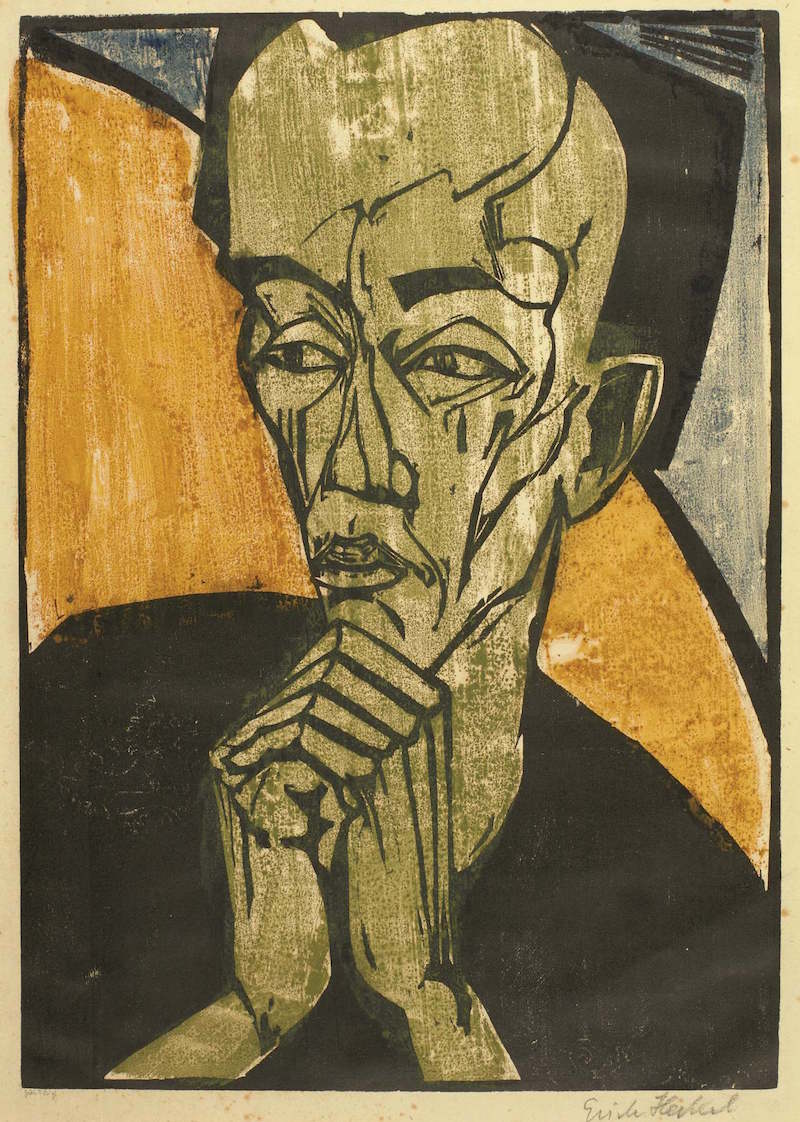 Day Sale Lot 167 Erich Heckel (1883-1970) Männerbildnis (Portrait of a Man), 1919 Woodcut printed in black, blue, green and ochre, image: 46.2 by 32.6cm.; sheet: 50.3 by 36.7cm. £30,000-50,000 / €35,300-59,000 / US$39,700-66,500