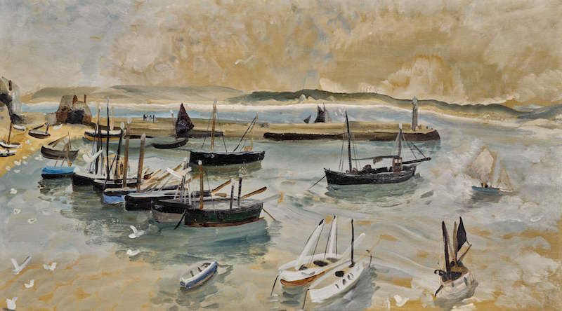 Evening Sale Lot 2 Winifred Nicholson (1893-1981) St Ives Harbour, 1928 oil and coloured pencil on panel, 56.5 by 103.5cm. £50,000-70,000 / €59,000-82,500 / US$66,500-92,500