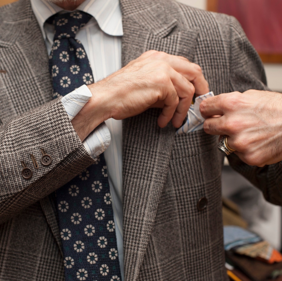 In keeping with Righi’s penchant for soft textures, he wears one of his own seven-fold ties in a wool/cashmere blend, the Settepieghe Model. “I love this style of tie – it’s comfortable and unique.”