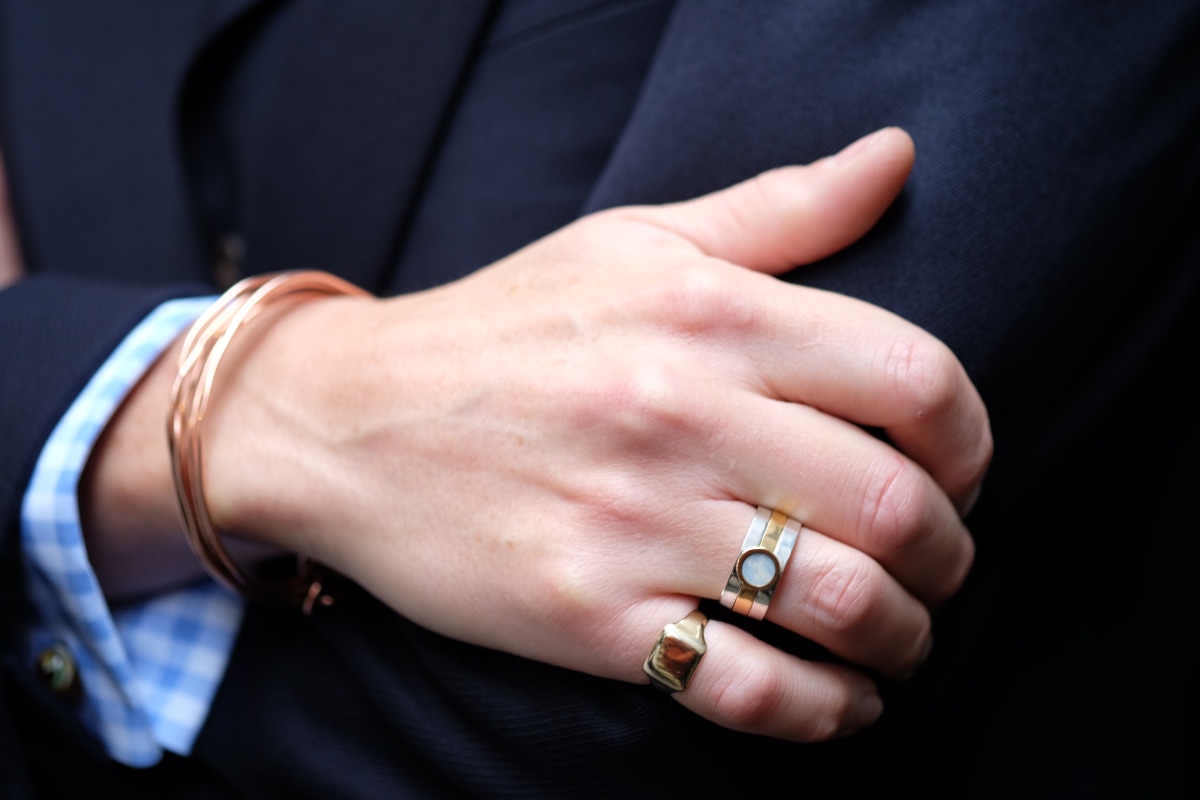 Clive’s intriguing silver and gold-banded ring is a recent acquisition. “I just had this ring made last week by Sarah Herriot, who’s a very talented contemporary jewellery designer. The band in the middle was my mother’s wedding ring. The piece inlaid in the centre is part of a tile from Battersea power station turbine hall. I managed to nab a piece of it about ten years ago during an open-day – before the power station shut. All my family is Battersea born and bred.” The signet ring was Clive’s grandfather’s.