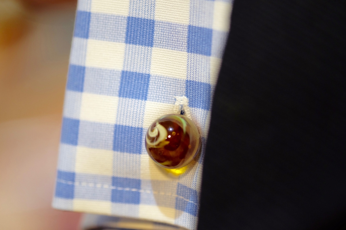 These marbled glass cufflinks are an unusual design from Kilgour. Clive explains, “I think they’re Murano glass, I prefer cufflinks that are the same on both sides and which don’t have a clasp to ruin the elegance of the look.”