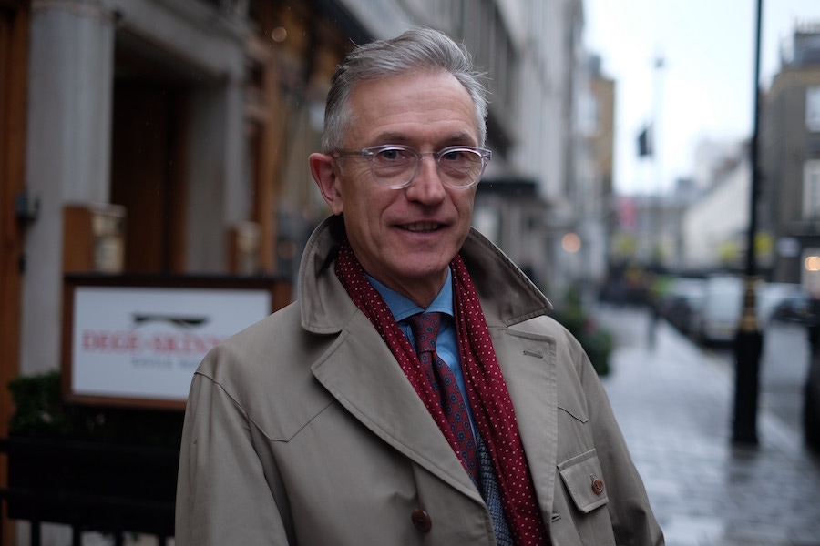 The miserable English weather is of no concern to David, who wears a glorious Grenfell shooter jacket. “They’ve recently recreated this style, and I just happen to have a vintage one – it’s interesting to compare them, I think the new one is slightly heavier. I think this is from the 1970s, but I just love Grenfell’s heritage; the 1920s era, the roots in exploring, climbing, field sport. It has a really nice weight and detail inside.”