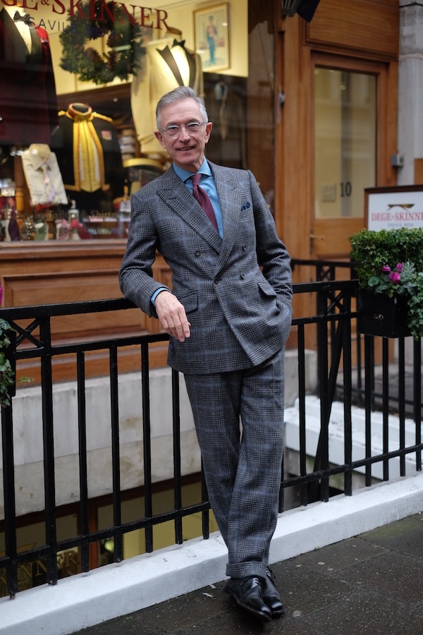 Savile Row’s Dege & Skinner tailored David’s suit. His son, who was an officer cadet at Sandhurst, has had uniforms fitted by the house and that together with David’s affinity for the military heritage of British structured tailoring made the house an obvious choice. “I was keen to have a double-breasted suit, but also for Tristan [the cutter] to have a bit of free reign. I love the roped shoulders, turn-back cuffs and buttons on both sides – I feel like I’m in the guards when I’m wearing it, but at the same time it’s incredibly comfortable.”