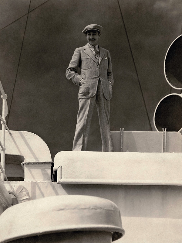 Menjou wearing tweed on deck for a Vanity Fair photoshoot in 1925