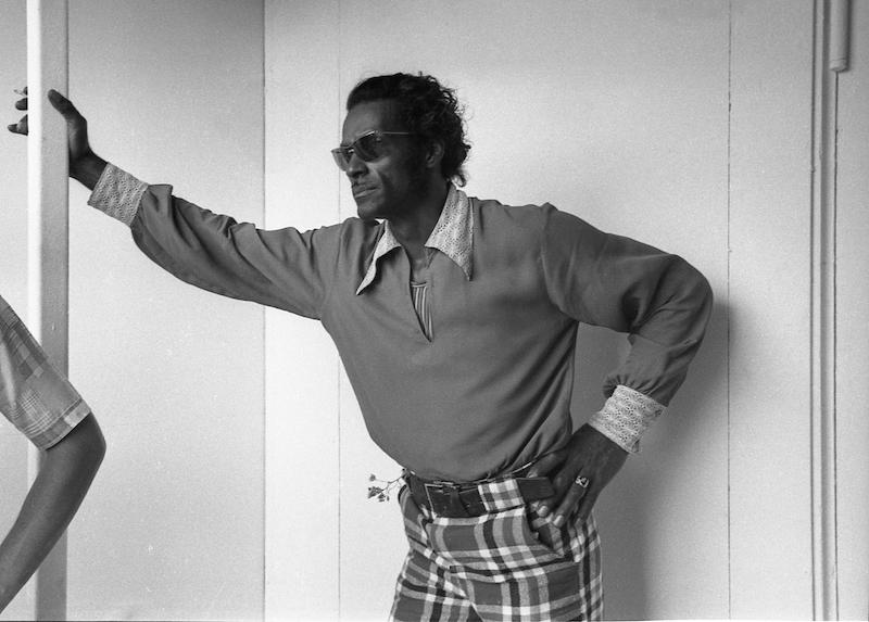 Chuck Berry in concert at Fete de l'Huma, 1973. He arrived without his musicians and instruments.  Photo by Philippe Gras/Le Pictorium.