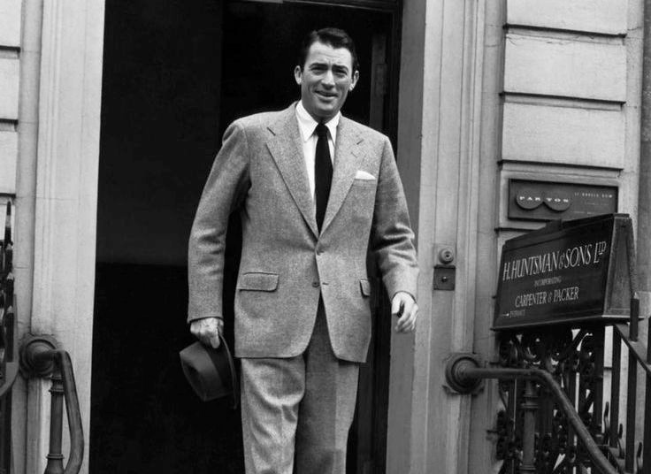 Gregory Peck wearing Huntsman outside their Savile Row atelier.