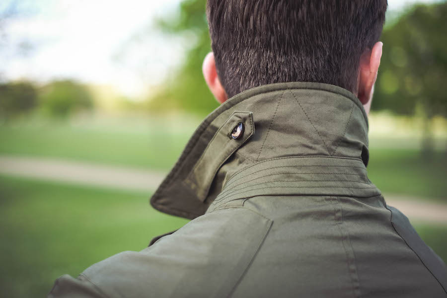 Shooter Jacket by Grenfell x The Rake; powder blue denim shirt, Drake’s for The Rake; grey roll neck, Sunspel; white jeans, Dunhill; Chelsea boots, Crockett & Jones; bag, Troubabdour; sunglasses, watch and ring property of the stylist.