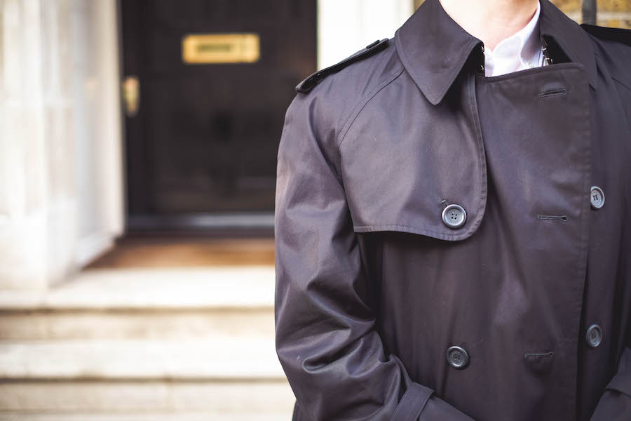 Windsor Jacket, Grenfell; single-breasted jacket, Gieves & Hawkes; white shirt, Private White; grey trousers, Belstaff; socks, Pantherella; shoes by Crockett & Jones; belt, watch, sunglasses and ring property of the stylist.