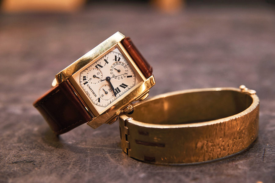 Vintage wrist game from Simon. The watch is a Cartier Chronoflex with a Jean Rousseau watch strap patinated by Gaziano & Girling. The brass bracelet is designed by Simon but was made by the independent bespoke jewellery designer Diana Maynard.