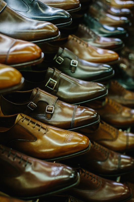 Shoes on display in the Crockett & Jones showroom in Northampton, England.