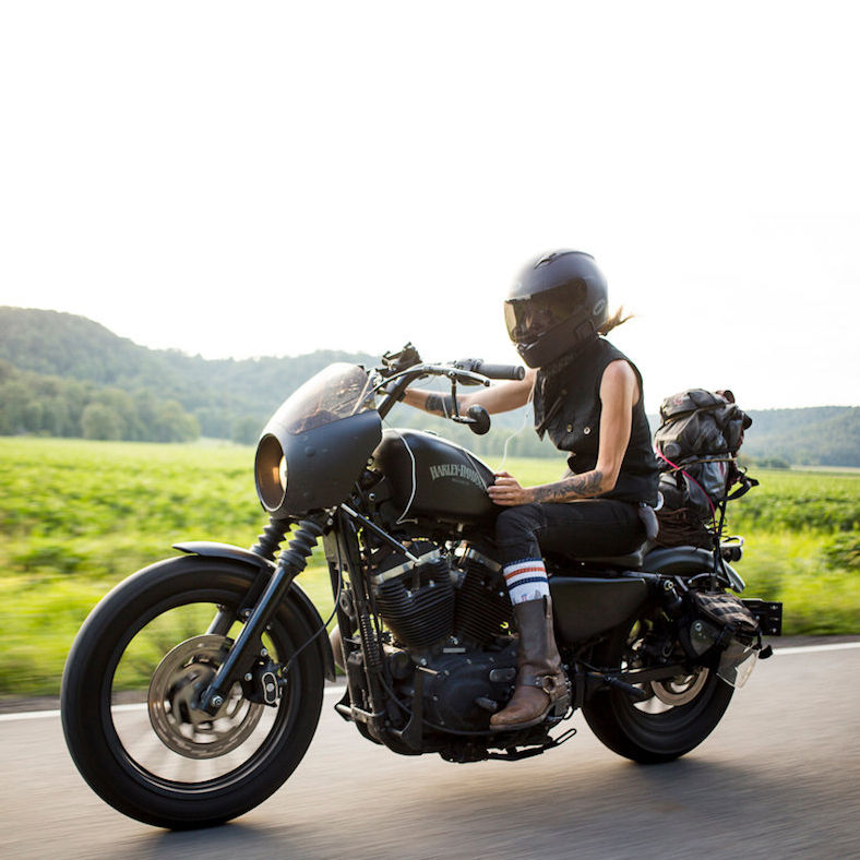 Leticia Cline on her Harley Davidson Sportster. Photographed by Josh Kurpius.