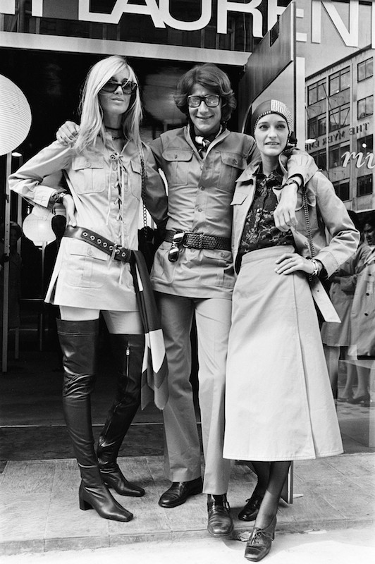 Yves Saint Laurent outside his New Bond Street store with muses Louise de La Falaise Loulou and Betty Catroux in 1969.