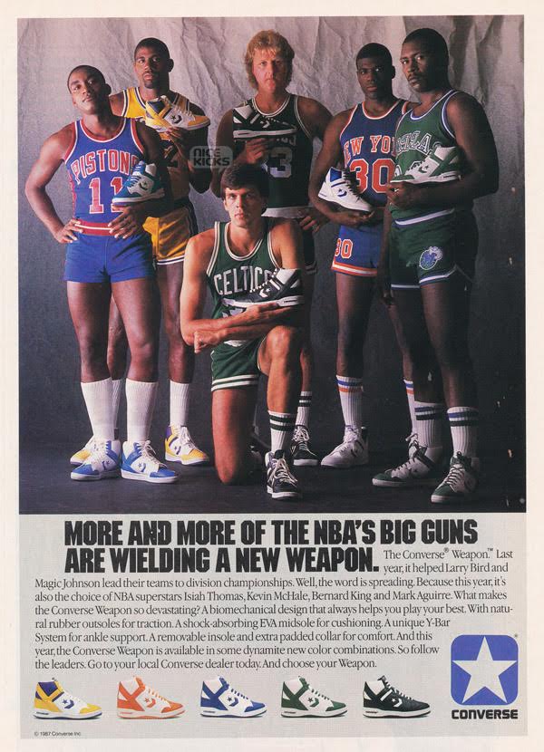 Isiah Thomas, Magic Johnson, Larry Bir, Kevin McHale, Bernard King and Mark Aguirre pose for the Converse 'Weapon' campaign, 1984.