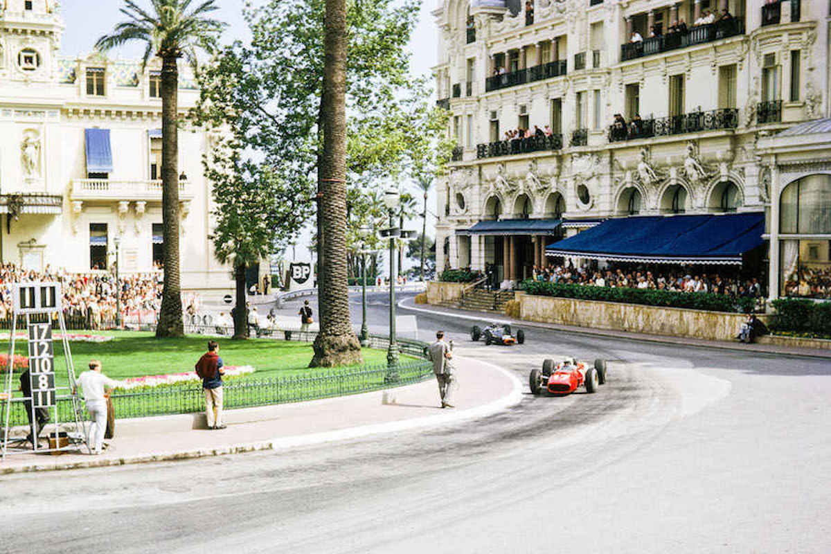 Surtees and Stewart at Casino Square on the second lap of the Monaco Grand Prix 1966 (Photo by Brian Watson/Alamy Stock Photo.