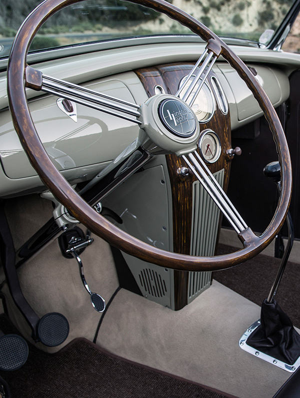 For the 1936 Ford Roadster “Long Beach Legend”, a ’37 Zephyr dash was sourced and fitted, along with original unrestored Stewart Warner gauges, Zephyr wheel covers and steering wheel.